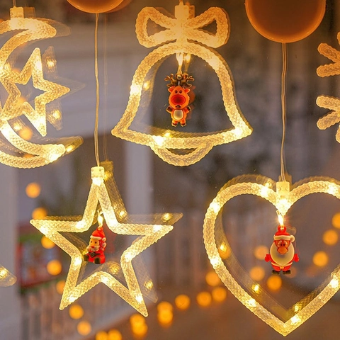 LED Weihnachts Saugnapf Lichter Fensterdekoration Warmweiß Stern Schneeflocke Glocke Baum Mond Formen Batteriebetrieben Ornament