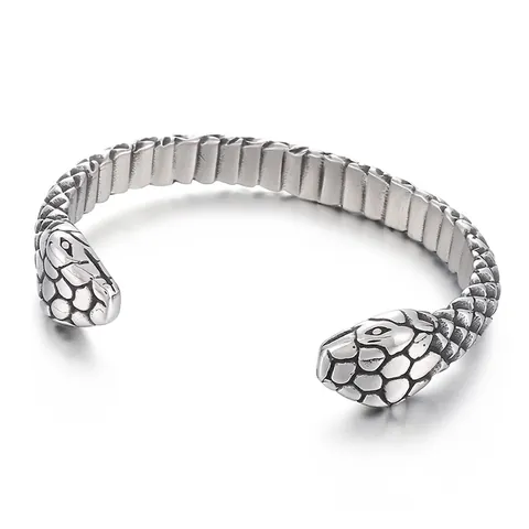 Stainless Steel Double Snake Head Open Bangle Retro Vintage Punk Hip Hop Adjustable Cuff Bracelet Unisex Jewelry
