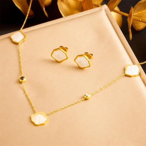 Collar Pulsera Pendientes Nácar Acero Inoxidable Trébol Flor Diamantes De Imitación Chapado En Oro Elegante Mujer Accesorios