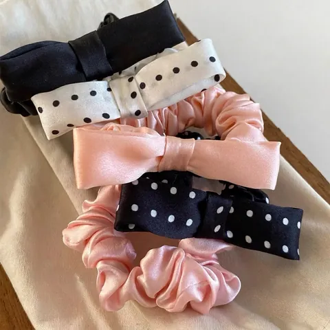 Satin Fabric Scrunchie Hair Tie Large Bow Knot Korean Style Sweet Elegant Pleated Ponytail Holder For Women