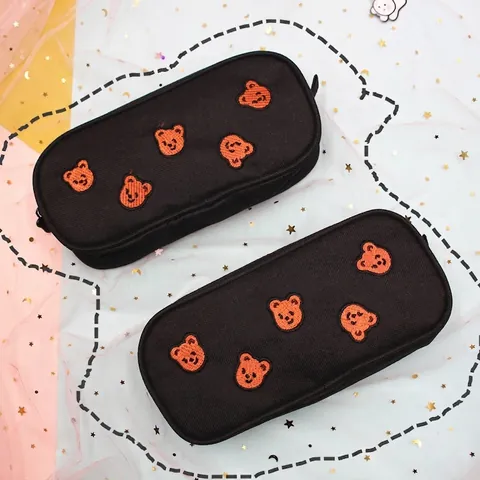 Niedliche Bären Stickerei Leinwand Mäppchen Große Kapazität Schreibwaren Organizer Tasche Koreanischen Stil Reißverschluss Beutel