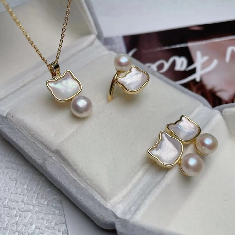 Freshwater Pearl Necklace Earrings Ring Cat Mother Of Pearl Shell Gold Plated Copper Jewelry For Women Girls Gift