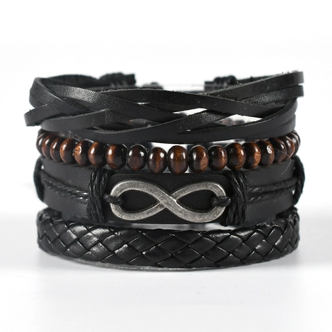 Men Vintage Multilayer Leather Bracelet Infinity Symbol Braided Wrap Bracelet With Wood Beads Handmade Casual Jewelry