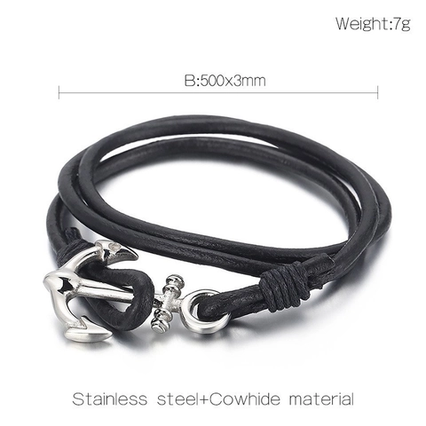 Men's Nautical Anchor Bracelet Stainless Steel Braided Genuine Leather Multi-layer Wrap Punk Style Wristband Jewelry