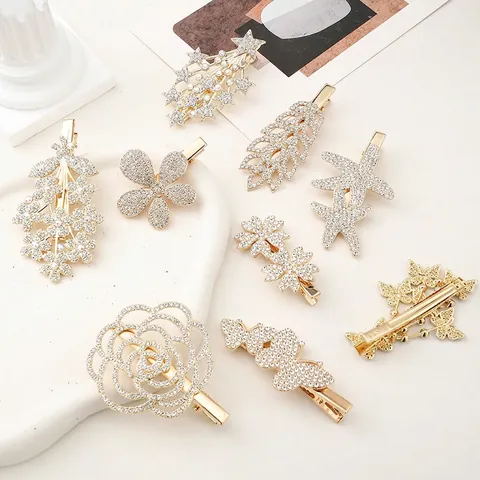 Barrette À Cheveux Bec De Canard Élégante En Strass Alliage Métallique Fleur Scintillante Papillon Forme De Feuille Pour Femmes