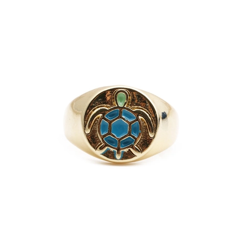 Anello Sigillo Tartaruga Rame Placcato Oro Smalto Blu Verde Stile Marino Retrò Regolabile Gioiello Per Donna Uomo