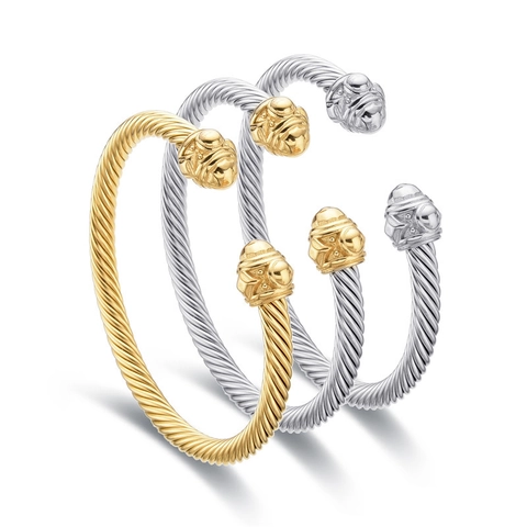 Twisted Cable Wire Cuff Bracelet Stainless Steel Adjustable Retro Etched Ball End Caps Jewelry For Women Men