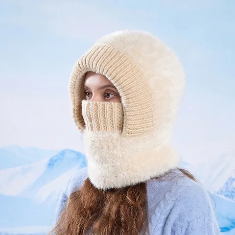 Winter Sturmhaube Beanie Mütze Dickes Fleece Gefüttert Integrierte Gesichtsmaske Halswärmer Outdoor Winddicht Warm Damen