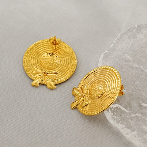 Pendientes De Botón Sombrero De Paja 18K Chapado En Oro Acero Inoxidable Lazo Retro Elegante Estilo Playa Para Mujeres