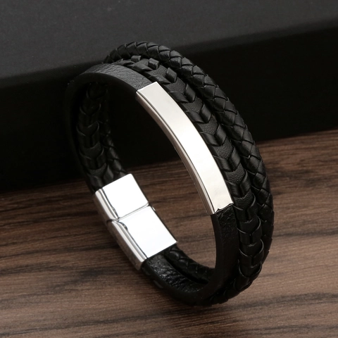Bracciale Multistrato In Pelle Intrecciata Da Uomo Con Chiusura Magnetica In Acciaio Inossidabile Moda Minimalista Trendy