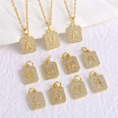 Alphabet Initial Necklace Copper Gold Plated Square Pendant Pavé Cubic Zirconia Clavicle Chain For Women