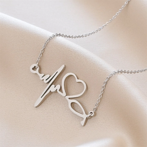 Women Titanium Steel Necklace Heartbeat EKG Stethoscope Heart Pendant Silver Tone O-chain Polished Jewelry For Nurse Doctor Gift
