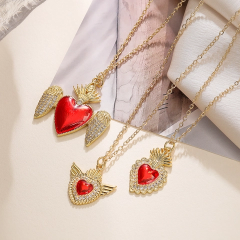 Herz Anhänger Halskette Gold Plated Kupfer Mit Flügeln Krone Roter Zirkon Retro Mode Schlüsselbein Kette Für Frauen