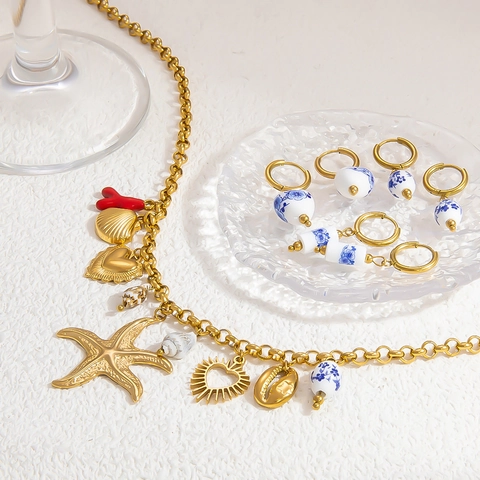 Collar Pendientes Estrella De Mar Concha Corazón Acero Inoxidable Chapado Oro 18K Perla Porcelana Joyería Mujer