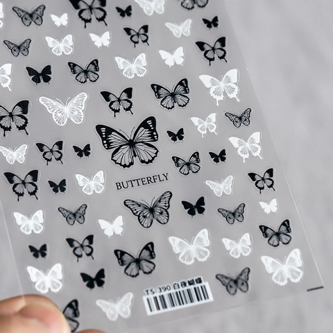 Schmetterling Nagelaufkleber 5D Relief Schwarz Weiß Ultradünne Selbstklebende Nageltattoos Für Damen DIY Maniküre Dekoration