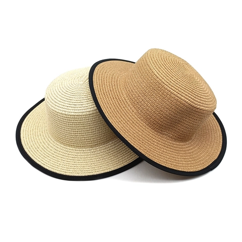 Cappello Paglia Boater Da Donna Corona Piatta Protezione Solare Traspirante Stile Francese Estate Spiaggia Elegante Con Bordo Nero