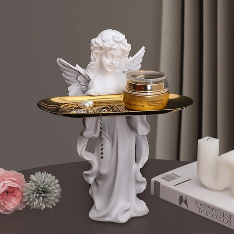 Praying Angel Statue Decorative Tray Resin Figurine Entryway Key Holder Desktop Jewelry Organizer European Retro Ornament