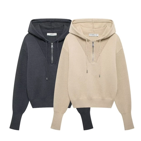 Knitted Hoodie Women Half Zip Drawstring Long Sleeve Ribbed Cuffs Casual Loose Solid Color Sweater Top