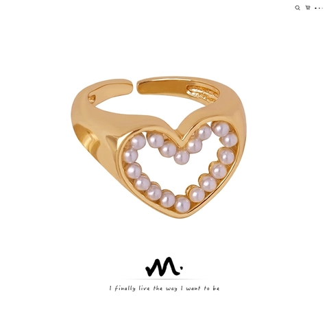 Copper Gold Plated Hollow Heart Open Ring With Imitation Artificial Pearl Adjustable Elegant Retro Trendy Jewelry For Women