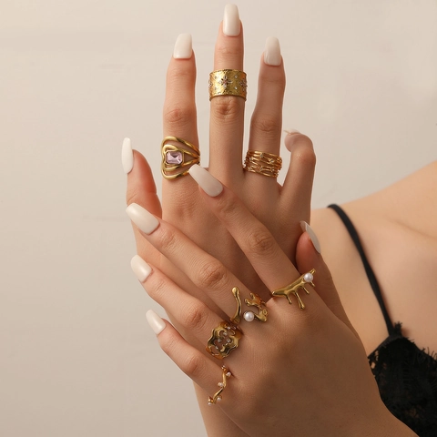 Irregular Lava Fluid Ring Stainless Steel 18K Gold Plated Artificial Pearl Cubic Zirconia Open Adjustable Jewelry For Women