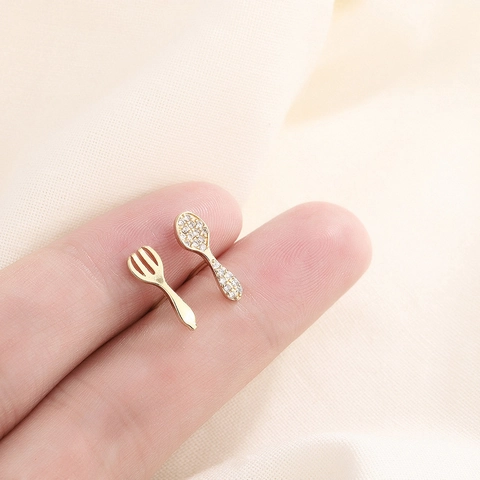 Asymmetrical Stud Earrings Gold Plated Copper Fork And Spoon With Cubic Zirconia 925 Sterling Silver Earring Post For Women