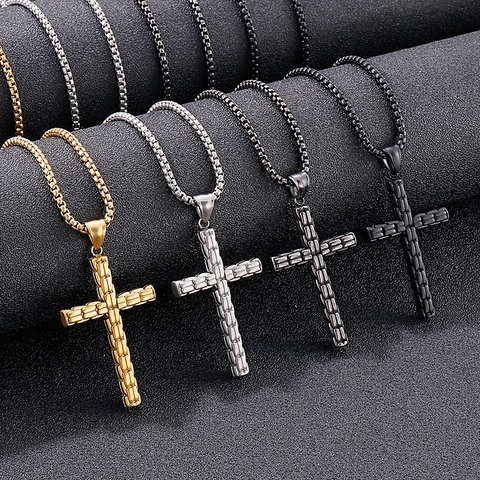 Collana Con Pendente A Croce Da Uomo Acciaio Inossidabile Texture Spazzolata Catena A Scatola Stile Punk Hip Hop Gioielli