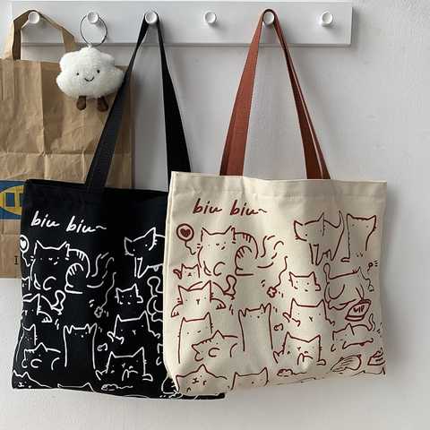 Canvas Tote Bag Hand Drawn Cartoon Cat Dog Illustration Large Capacity Artistic Vintage Zipper Casual For Women Girls