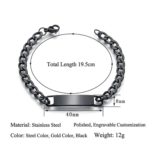 Stainless Steel ID Bar Bracelet For Men Cuban Figaro Link Polished Rectangular Plate Fashion Minimalist Jewelry