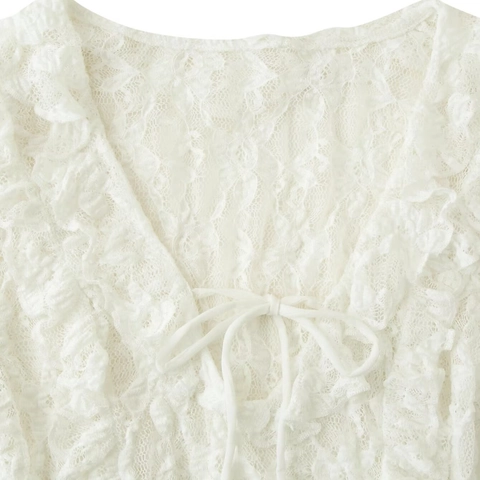Blusa In Pizzo Sexy Scollo A V Volant Maniche Lunghe Fiocco Davanti Vestibilità Aderente Trasparente Top Elegante Per Donna