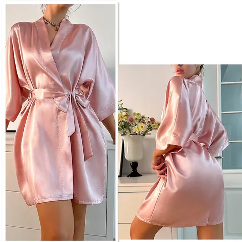 Women Satin Satin Robe V-Neck Kimono Sleepwear With Waist Tie Thin Solid Color Long Sleeve Bathrobe Loungewear