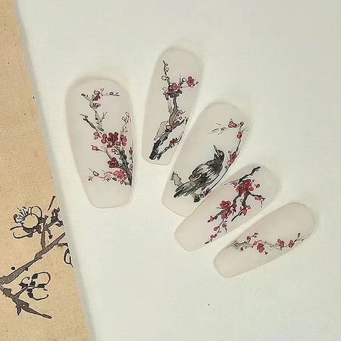 Matte Press On Nails Chinese Ink Wash Plum Blossom Birds Coffin Shape ABS Plastic Detachable False Nails For Women
