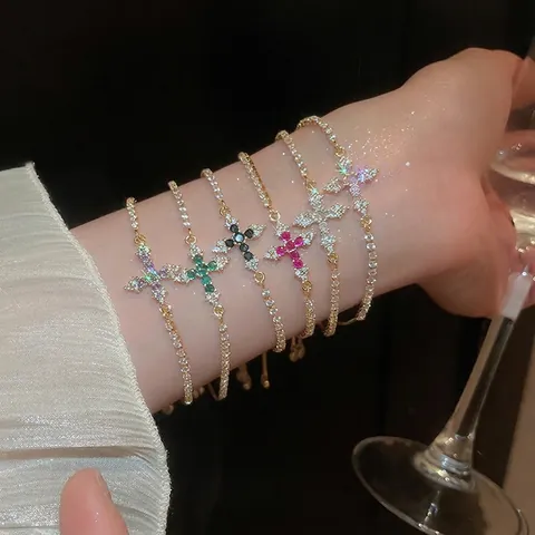 Cross Pendant Bracelet Copper Gold Plated Cubic Zirconia Adjustable Bolo Clasp Elegant Fashion Daily Wear Jewelry Women Gifts