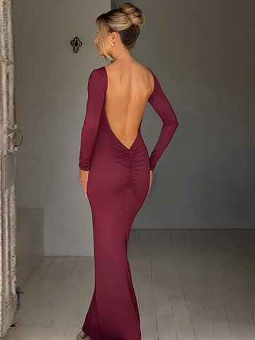 Vestito Maxi Bodycon Schiena Scoperta Sexy Donna Maniche Lunghe Glutei Arricciati Festa Clubwear Vestibilità Aderente Poliestere Elastan