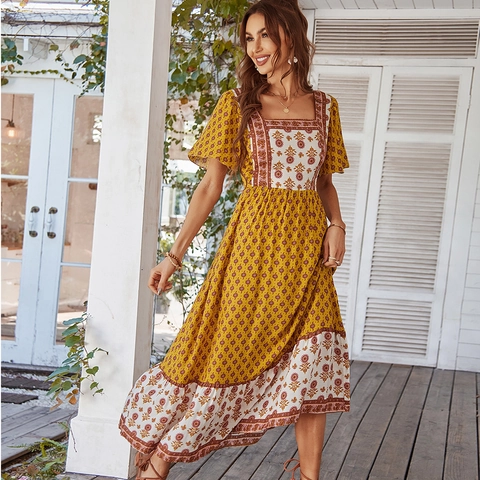 Boho Maxi Kleid Blumendruck Eckiger Ausschnitt Kurzarm Hohe Taille Patchwork A-Linie Urlaub Baumwolle Viskose Mischung Damen