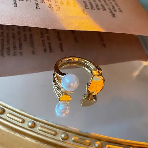 Anello Regolabile Aperto Con Perla Artificial E Fagiolo Dorato Lega Placcata Oro Design Asimmetrico Minimalista Per Donna