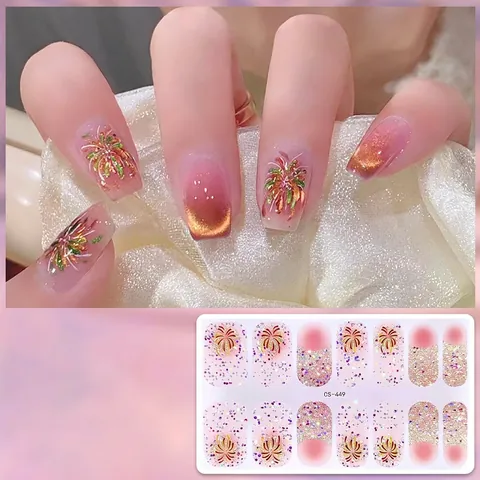 Farbige Feuerwerk Nagelaufkleber Mit Glitzer Gradient Full Cover Wasserdichte Langlebige Maniküre Kunst Für Frauen