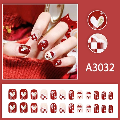 Faux Ongles Noël Courts Carrés Père Noël Flocon De Neige Cœur Damier Paillettes Rouge Blanc Brillant Ongles Artificiels Pour Femmes