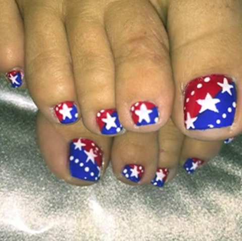 Press On Toenails American Flag White Stars Blue Stripes Glossy ABS Fake Toe Nails Kit With Jelly Glue And File