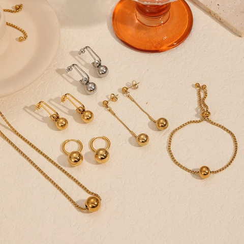 Minimalist Stainless Steel Round Ball Jewelry Set For Women High Polish Gold Silver Plated Necklace Bracelet Earrings