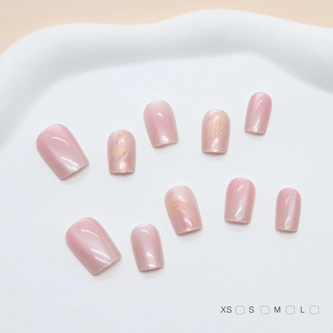 Handmade Press On Nails Pink White Gradient Gold Marbling Artificial Pearl Luster Short Square Oval Shape Reusable For Women