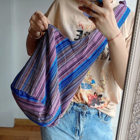 Borsa Hobo Donna Grande Capacità Tela Denim Righe Bohemian Borsa A Tracolla Annodata Tote Minimalista Casual
