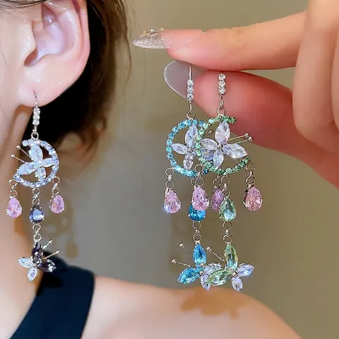 Orecchini Pendenti Con Nappa Farfalla Luna Rame Con Zircone E Perno In Argento Sterling 925 Gioielli Eleganti Per Donne
