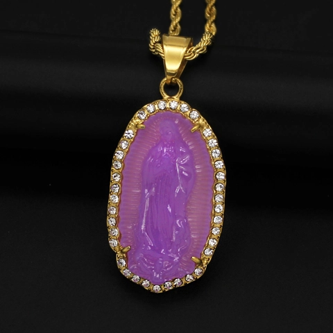 Collana Con Ciondolo Vergine Maria Acciaio Inossidabile Resina Calcedonio Ovale Strass Gioielli Religiosi Per Donne