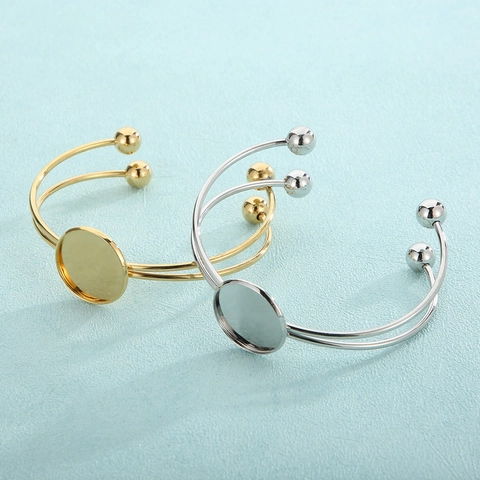 Stainless Steel Double Wire Open Cuff Bracelet With Round Bezel Tray DIY Jewelry Making Adjustable Metal Base Setting