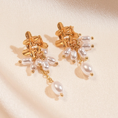 Boucles Oreilles Pendantes Alliage Fleurs Künstliche Perles Imitation Avec Tige Argent Sterling 925 Style Rétro Pour Femmes