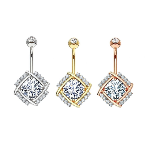 Copper Inlaid Zirconia Belly Button Ring Square Geometric Pendant Body Piercing Jewelry For Women Gold Steel Rose Gold