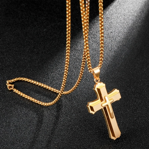 Collier Pendentif Croix Acier Inoxydable Triple Couche 3D Bijoux Punk Hip Hop Religieux Avec Chaîne Boîte