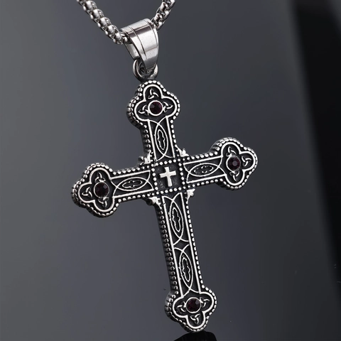 Wikinger Kreuz Anhänger Halskette Edelstahl Retro Gothic Religiöser Schmuck Mit Rotem Kristall Für Herren Damen