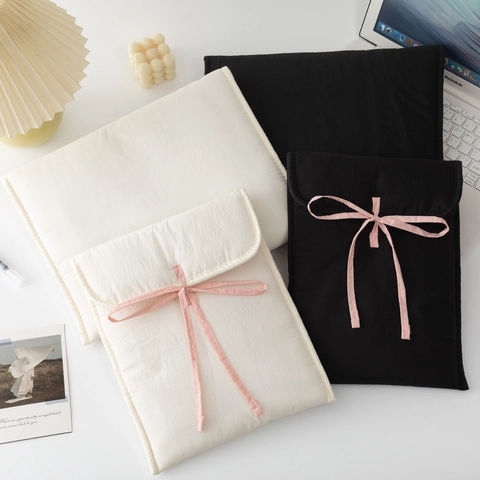 Quilted Laptop Sleeve Padded Cotton Protective Case Sweet Balletcore Style With Ribbon Bow Shockproof Soft Inner Bag