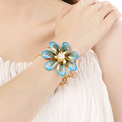 Flower Open Bangle Bracelet Stainless Steel Enamel Artificial Pearl Multi Color Rhinestone Double Layer Luxury Hand Jewelry Women